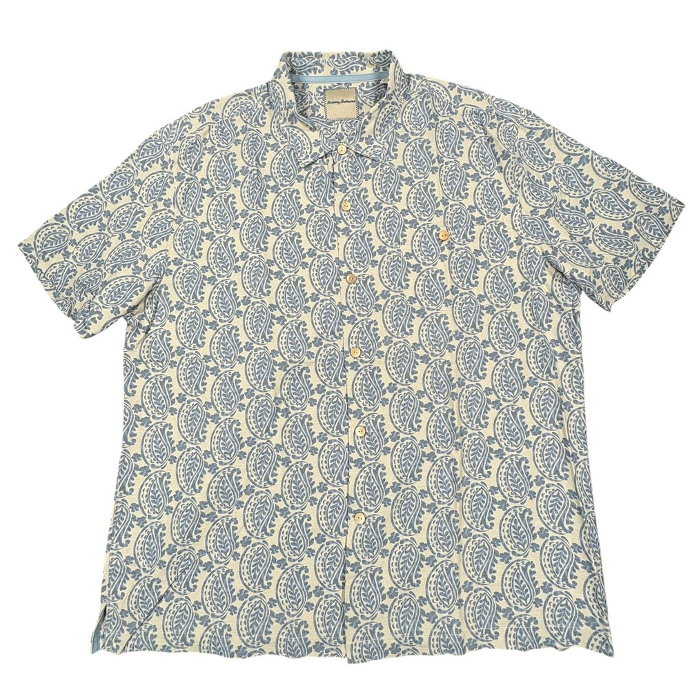 Tommy Bahama Silk Jacquard Shirt Mens XXL Blue Cream Paisley Short Sleeve NWT - Picture 2 of 11